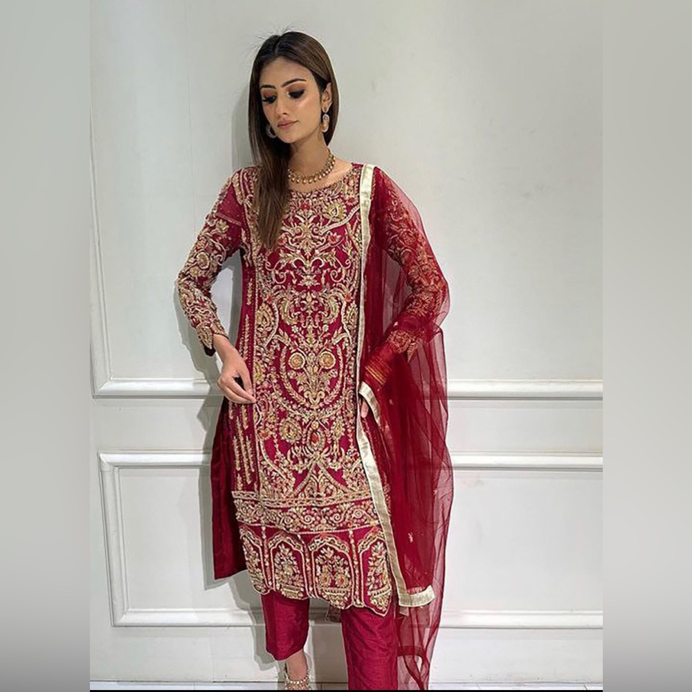 Salwar Kameez Red Readymade Party Wear, Georgette Anarkali Kurta With Churidar